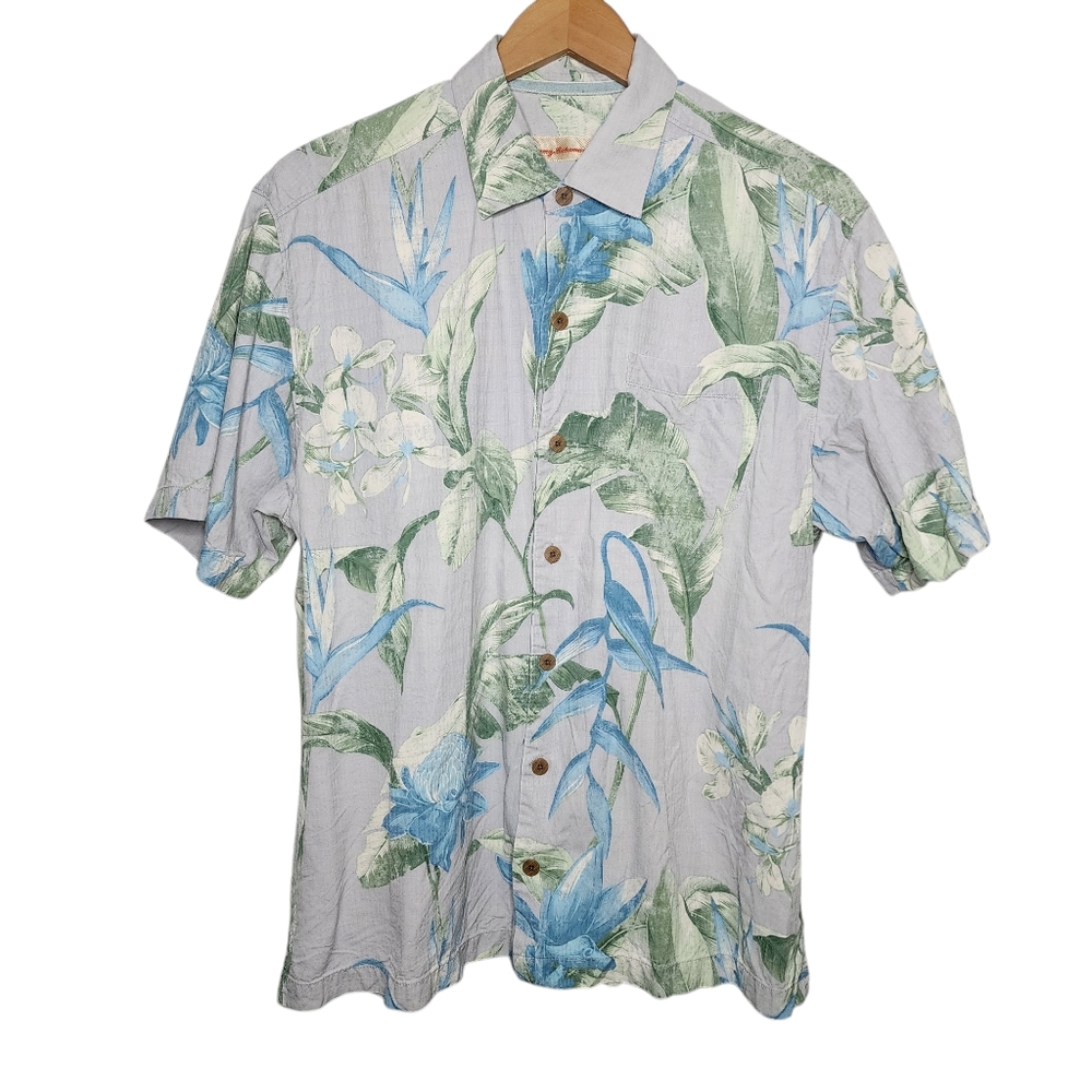Tommy Bahama Mens Large Grey & Green Floral Tropical‎ Hawaiian Button Up Shirt